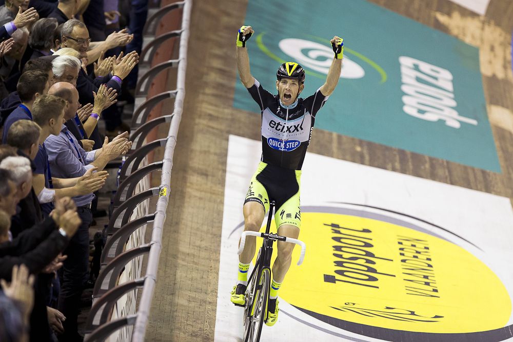 Michael Morkov celebrates after winning the Gent Six Day on the indoor track in Het Kuipk arena.