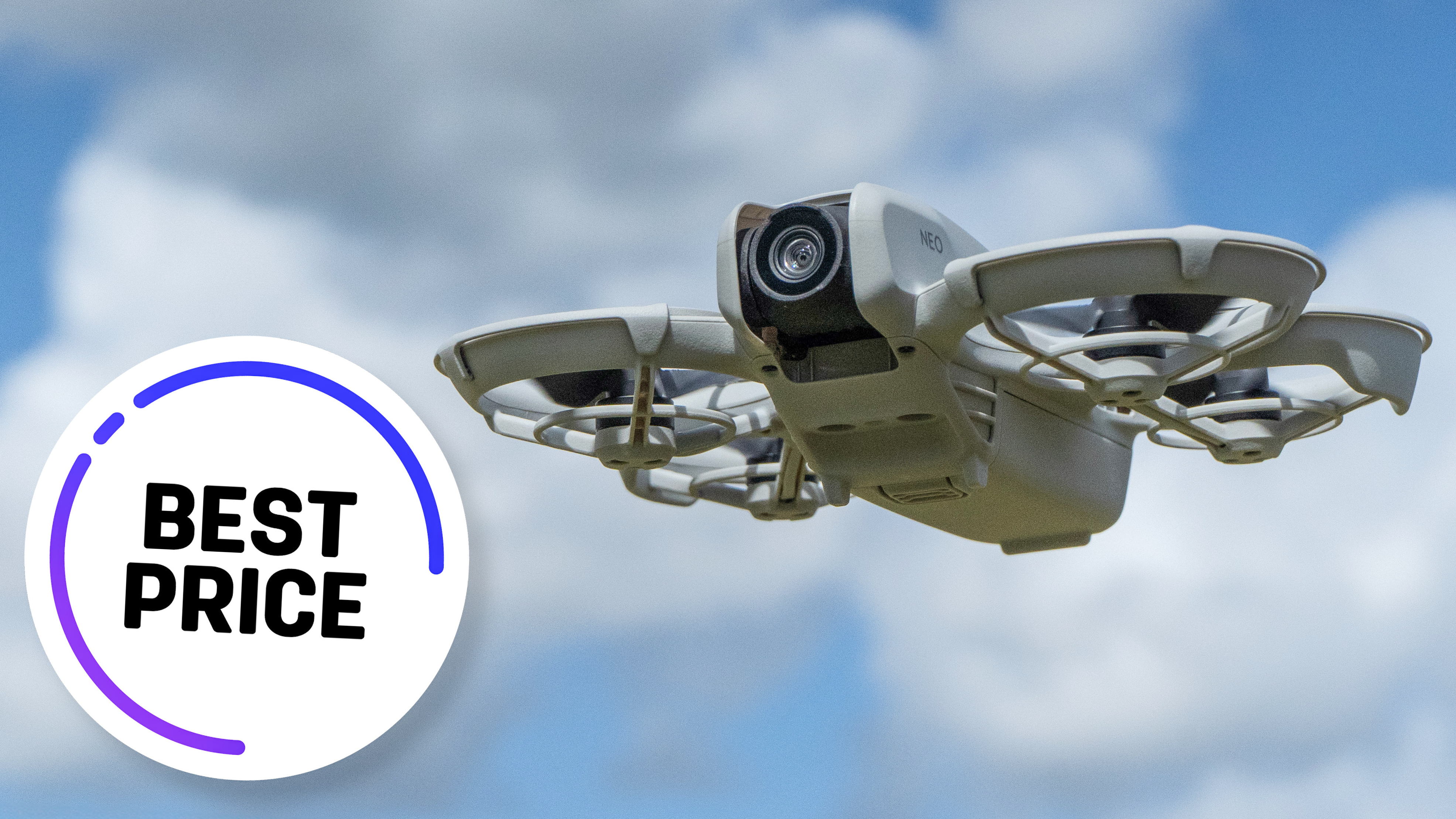 DJI Neo drone flying in blue sky with clouds with Best Price stamp over image