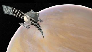 Artist's concept of NASA's proposed Venus Emissivity, Radio Science, InSAR, Topography, and Spectroscopy (Veritas) spacecraft.