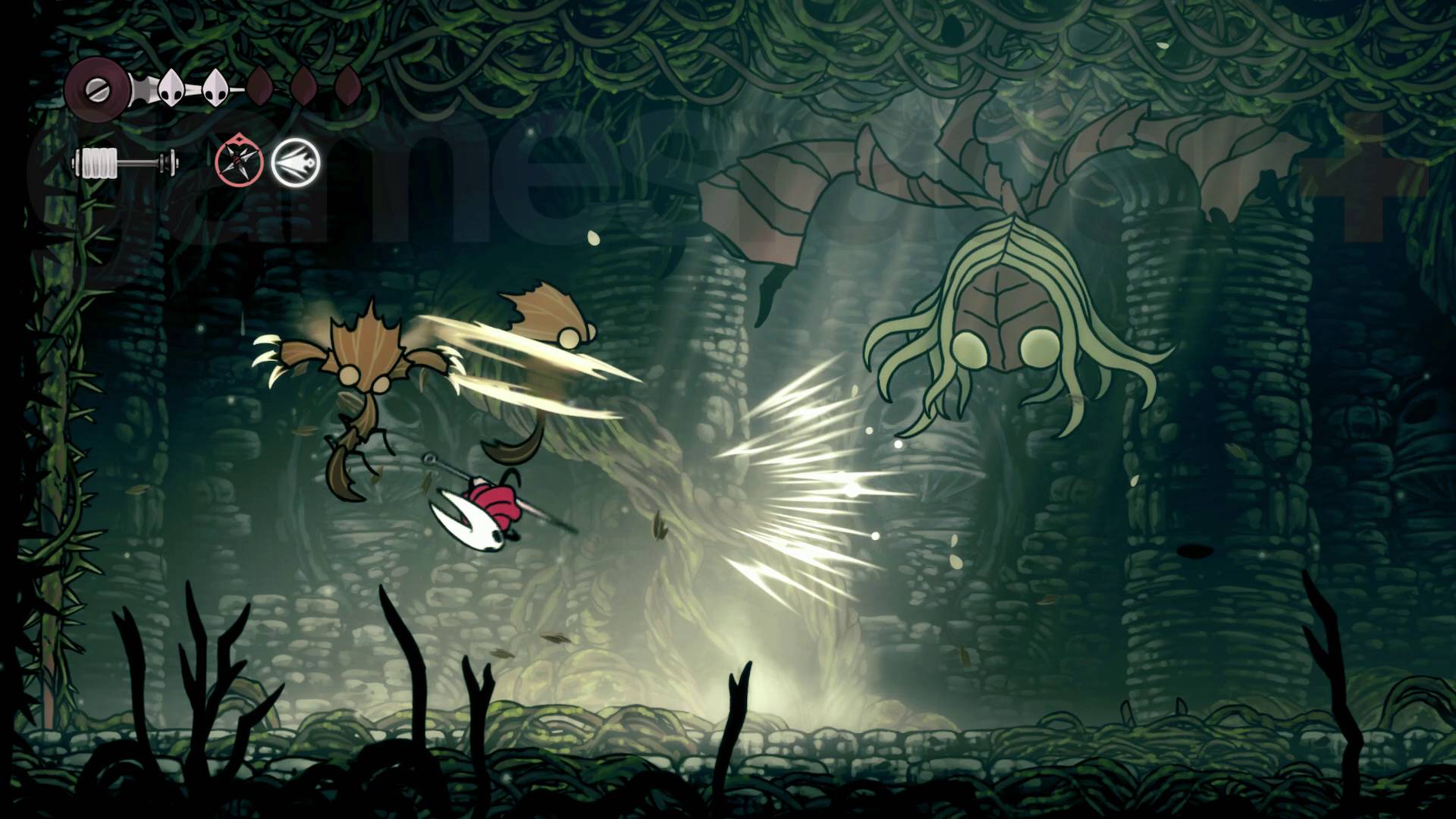 Hollow Knight Silksong Sister Splinter boss Hornet dodging minion bugs and sister splinter