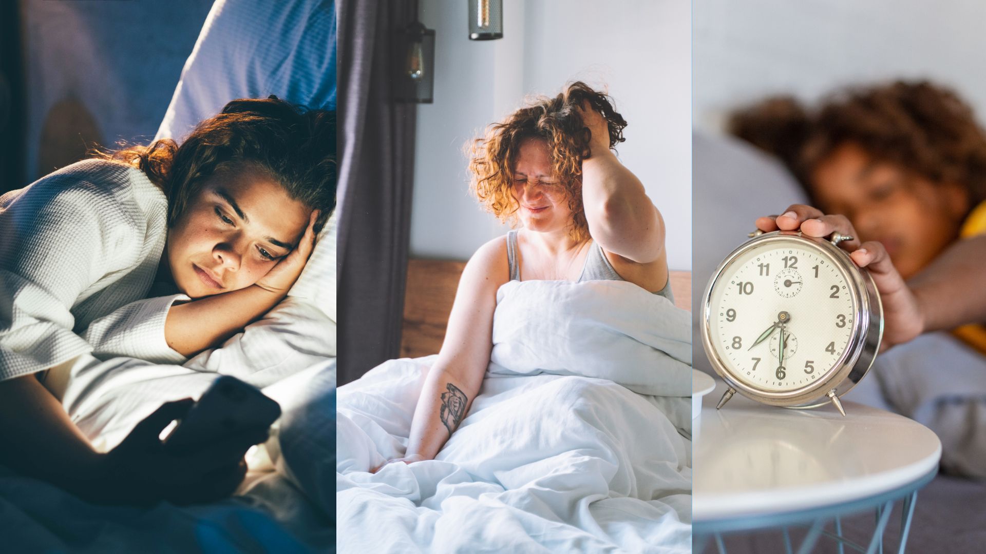 Three images of women with poor sleep habits, including late bedtimes, not enough sleep and inconsistent schedules