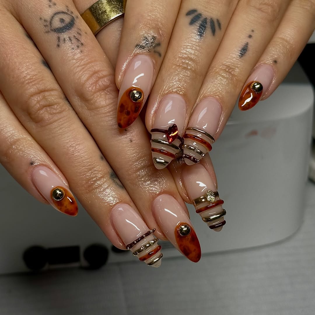 nude and brown bangle manicure