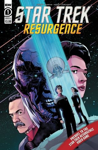 Cover art for "Star Trek: Resurgence" #1 depicting some of the series' characters, space, and the USS Resolute.