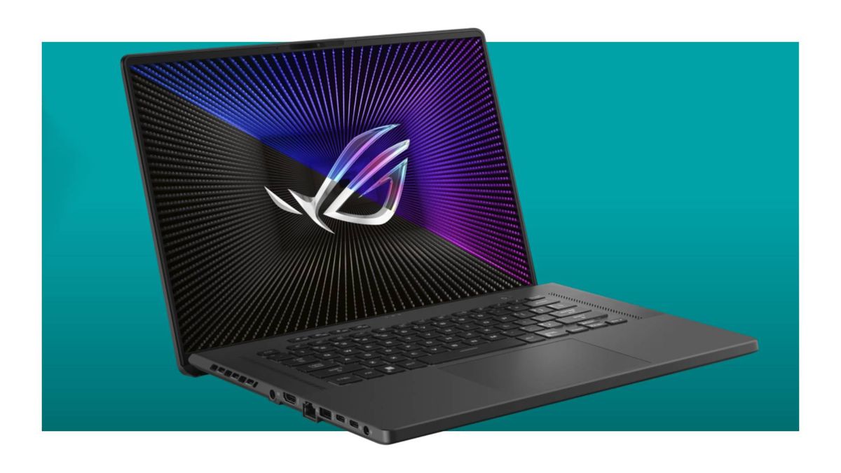 Asus ROG Zephyrus G16 2023 on a teal deals background