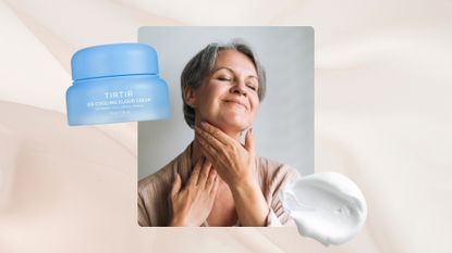 Vertical image of woman applying skincare to her neck alongside a texture swatch and TIRTIR Cloud Cream, set against a pale pink fabric-style background