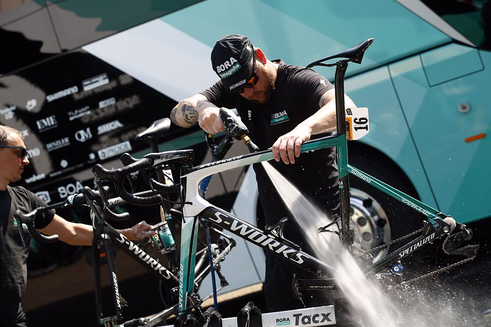 Bora-hansgrohe mechanic hard at work on the second rest day at the Tour de France