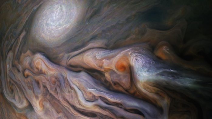 A multitude of swirling clouds in Jupiter&#039;s dynamic North Temperate Belt is captured in this image from NASA&#039;s Juno spacecraft.