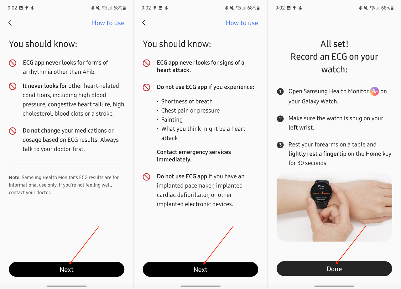 Samsung Health Monitor app first setup walkthrough with ECG warnings and descriptions continued