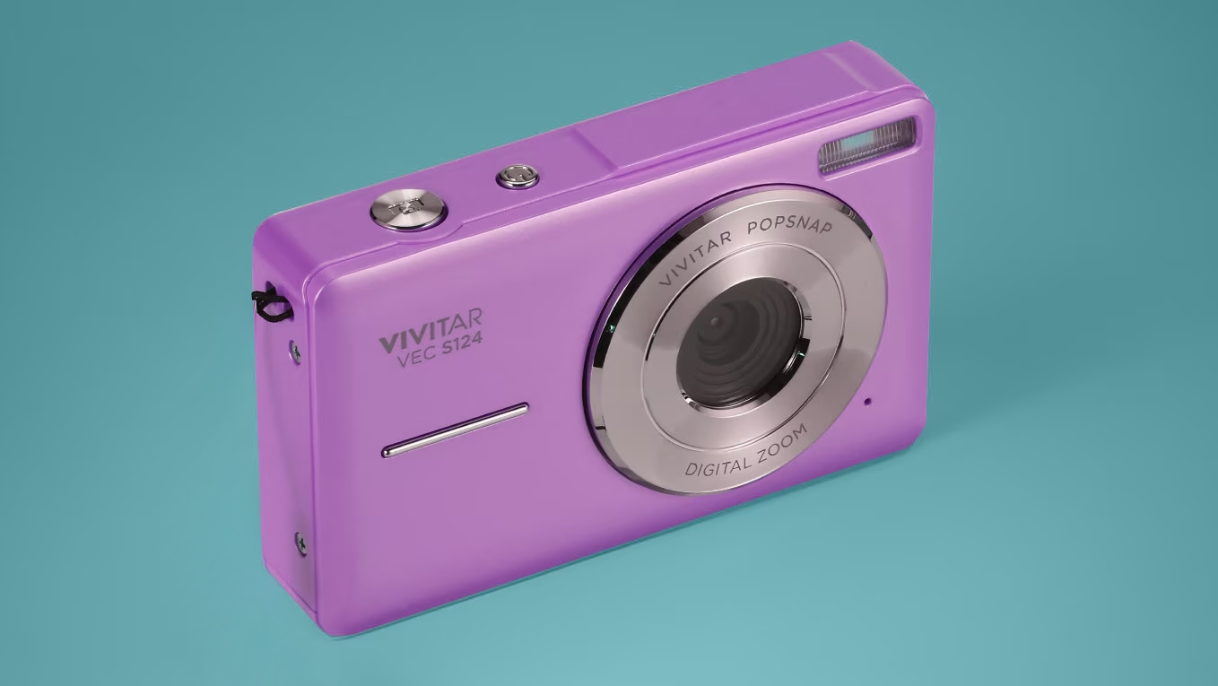 Vivitar Popsnap compact digital camera against a colorful background