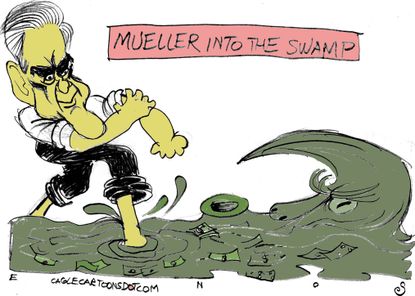 Political cartoon U.S. Trump Mueller Russia investigation drain the swamp