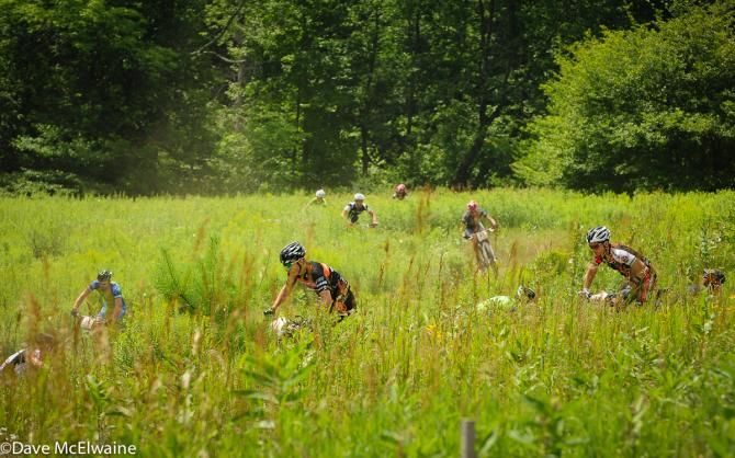 Riders passing through tall grass in the first half of the course