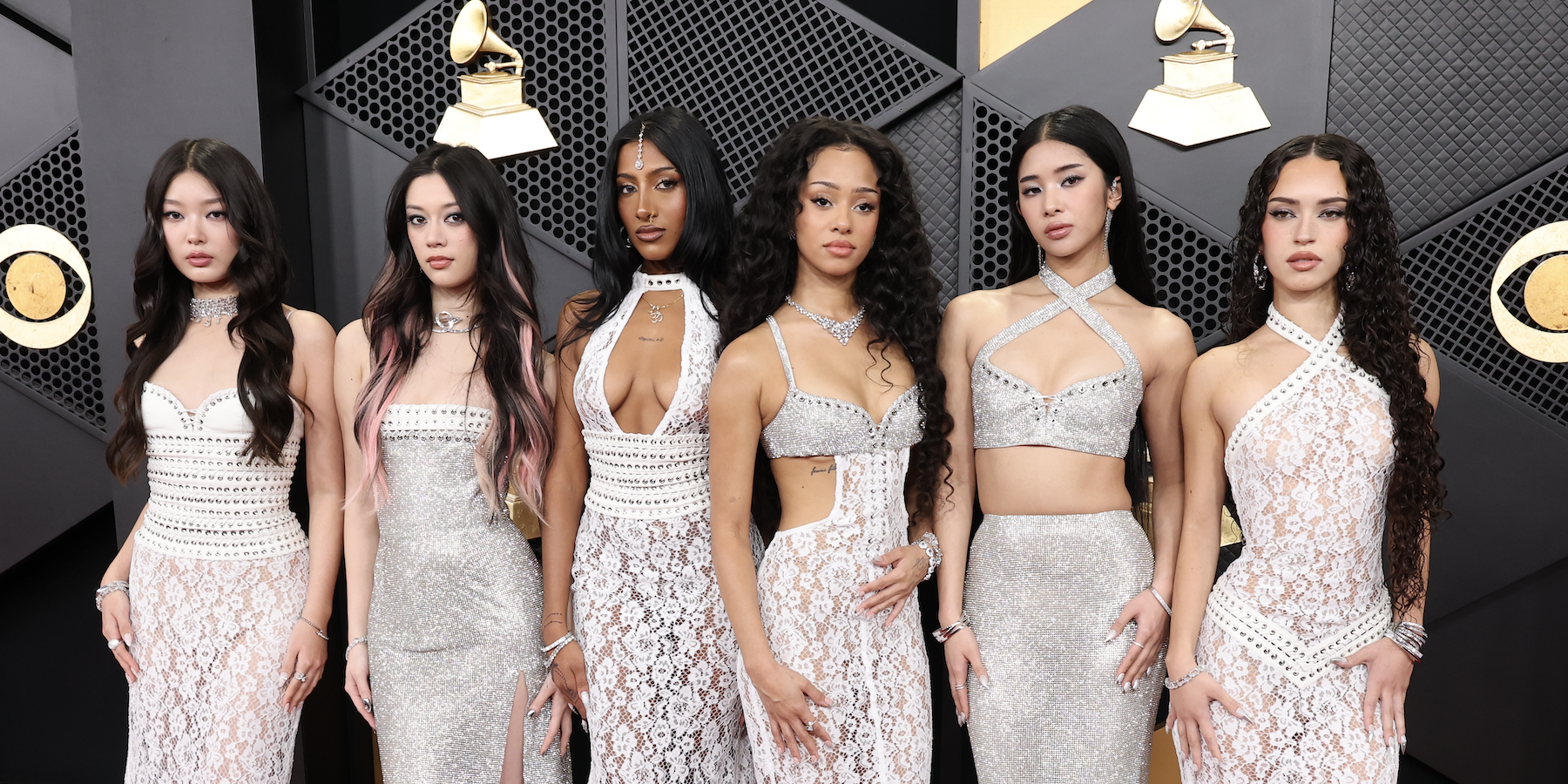 Yoonchae Jeung, Megan Skiendiel, Lara Raj, Manon Bannerman, Sophia Laforteza and Daniela Avanzini of KATSEYE attend the 68th GRAMMY Awards at Crypto.com Arena on February 01, 2026 in Los Angeles, California.