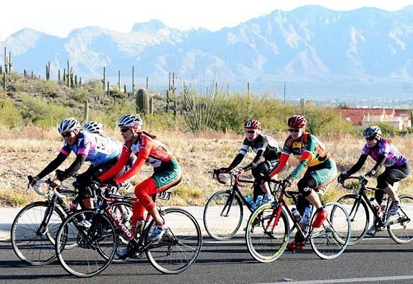 The women wear leg coverings for their early mornng start at the circuit race of the Tucson Bicycle Classic.