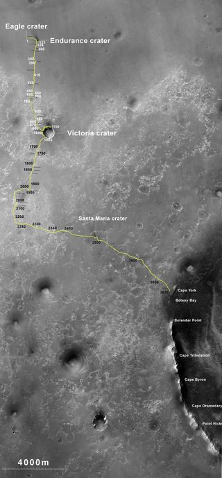 The yellow line on this map shows where NASA's Mars rover Opportunity has driven from its landing site in January 2004 to a point approaching the rim of Endeavour crater.