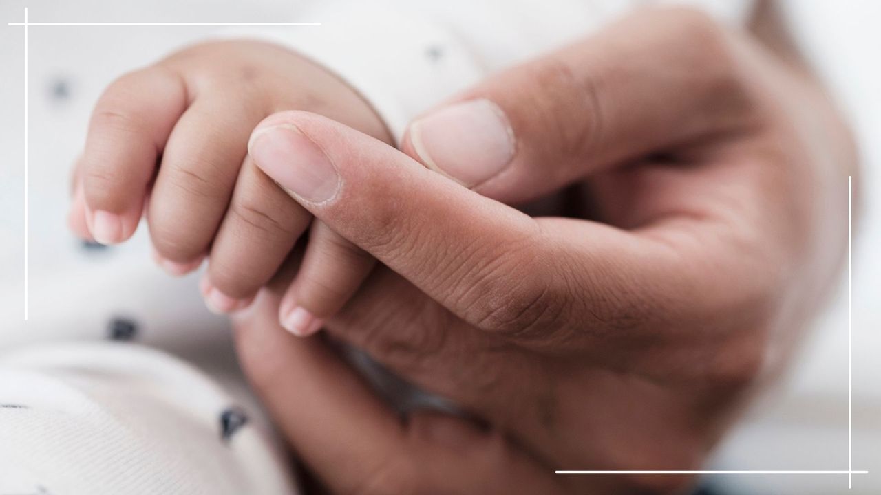 adult hand holding a baby hand up close in shot