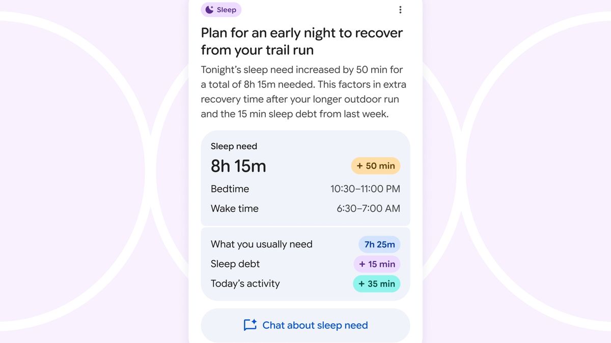 The Fitbit personal health coach showing info on why the user should "Plan for an early night to recover from your trail run, with a summary of the person's sleep need, sleep debt, ideal bedtime window, and today's activity time.