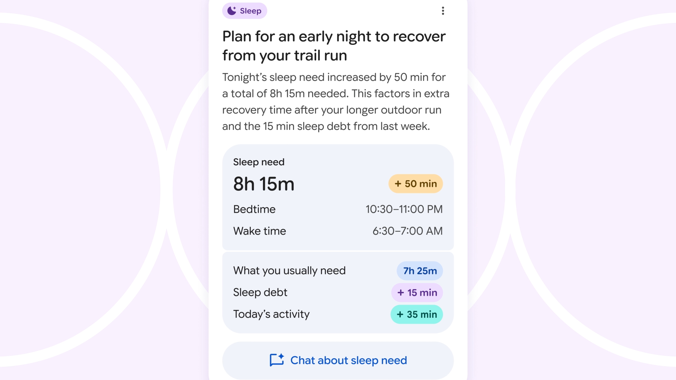 The Fitbit personal health coach showing info on why the user should "Plan for an early night to recover from your trail run, with a summary of the person's sleep need, sleep debt, ideal bedtime window, and today's activity time.