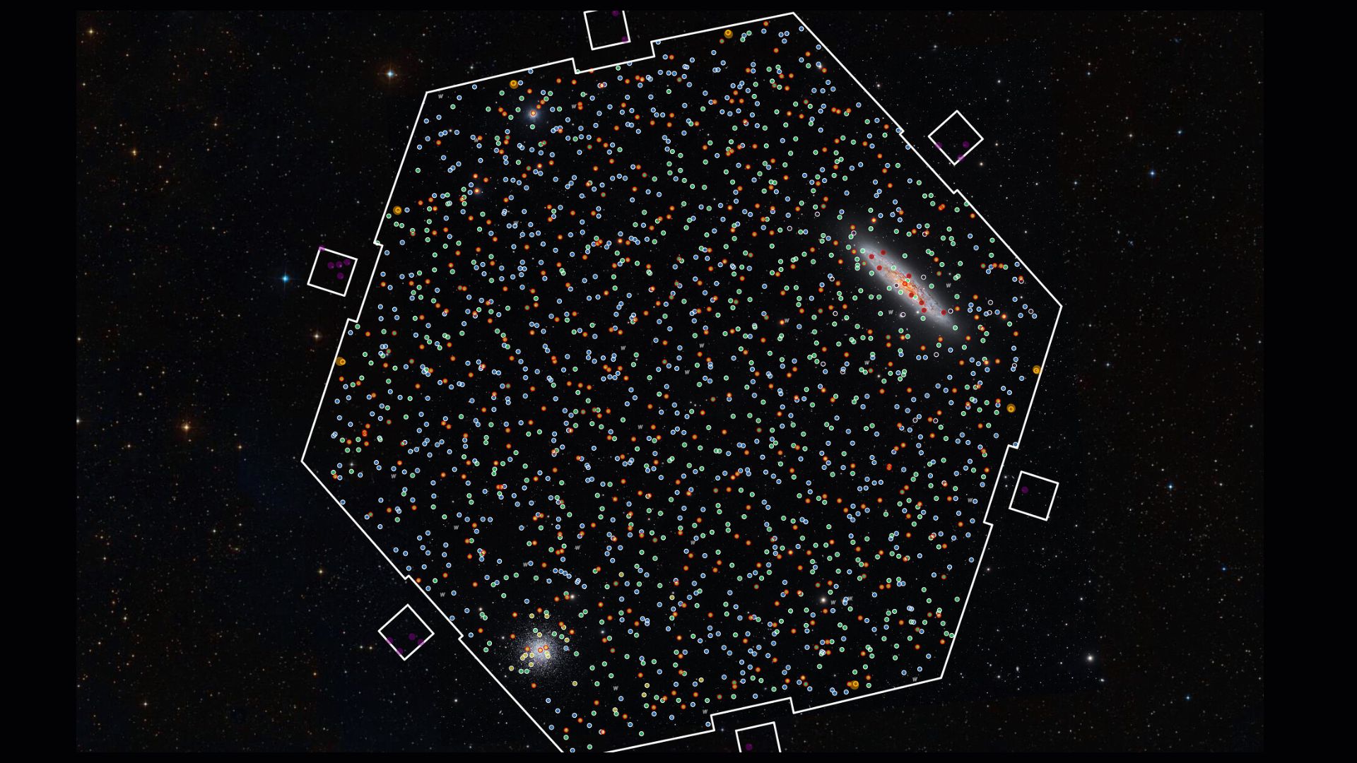 A hexagonal white ring with thousands of bright dots inside on a dark background.