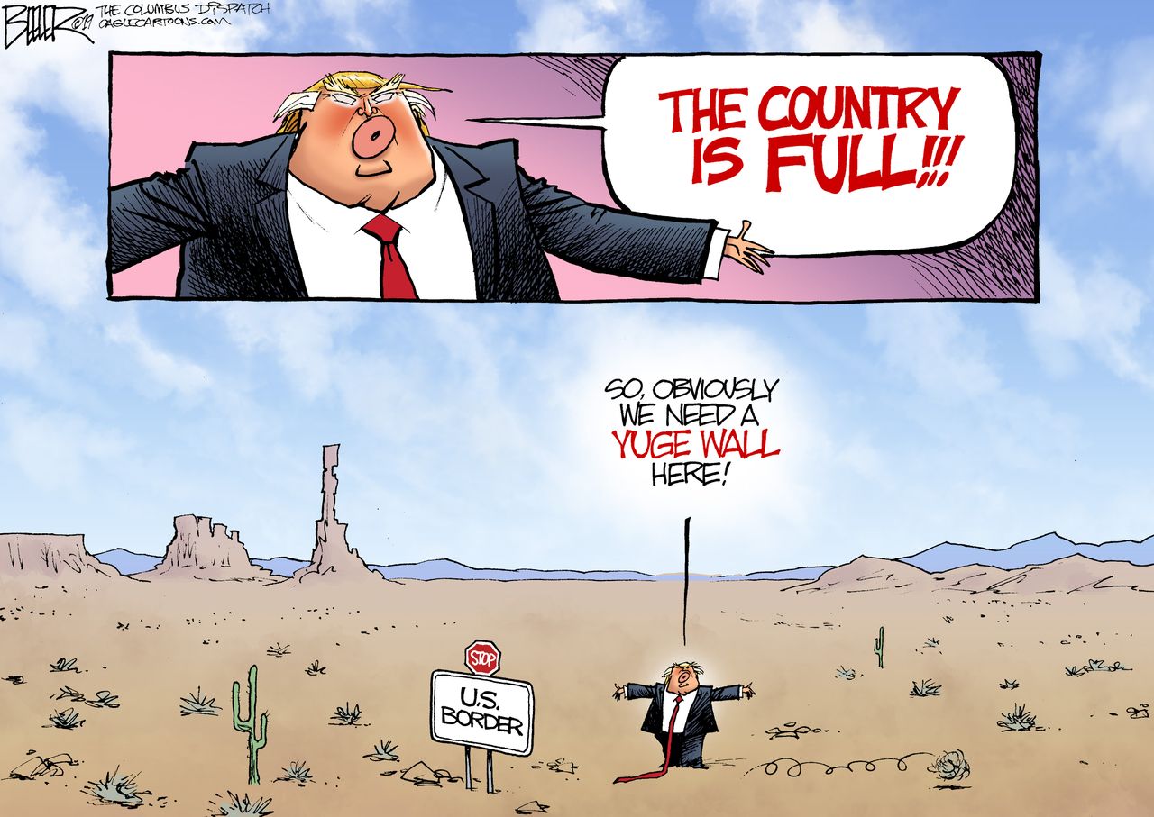 Political Cartoon U.S. Trump president U.S. border control 2020 presidential election Mexico