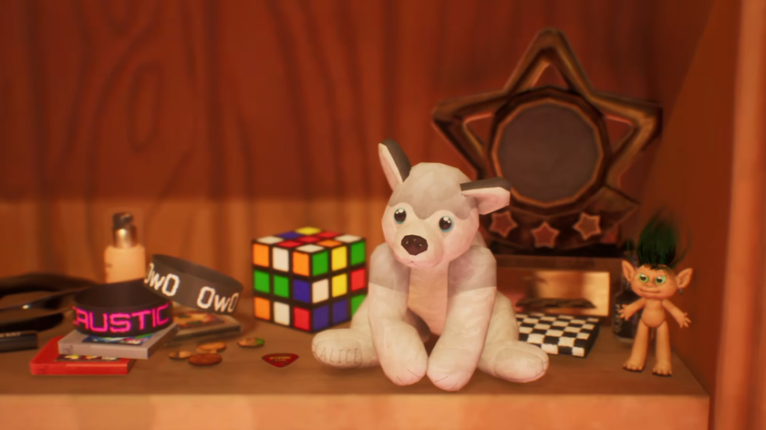 A wooden shelf decorated with plush toys, wrist bracelets, and a mirror.