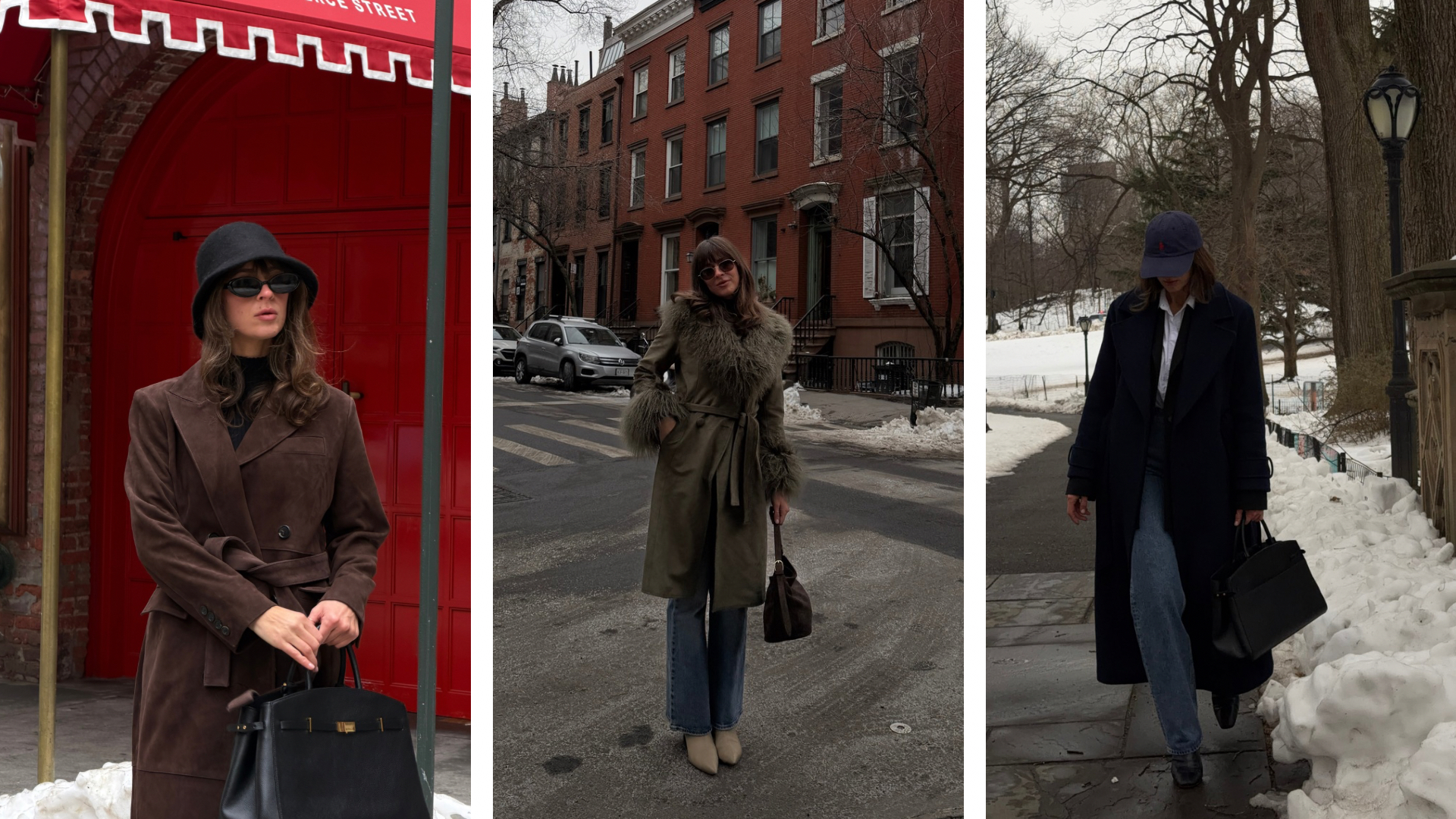 split image of Kathryn Zahorak winter outfits in new york city with white border