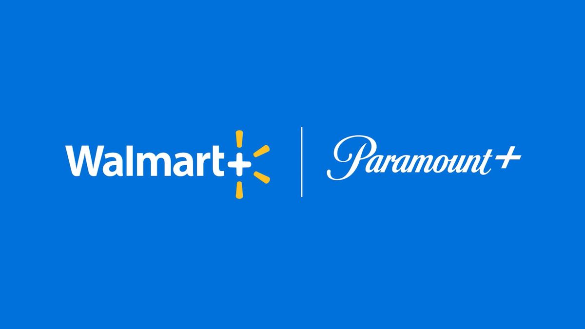 Walmart Plus and Paramount Plus logos on a blue background