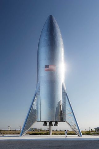 The test-flight version of SpaceX's "Starship" vehicle stands completed at the company's Texas test site. Elon Musk posted this photo on Twitter on Jan. 10, 2019.