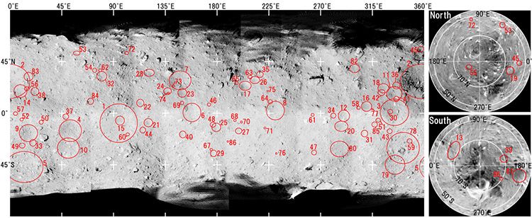 A map showing 77 craters identified across Ryugu&#039;s surface. The western side, where craters are less common, is in the middle of the image.