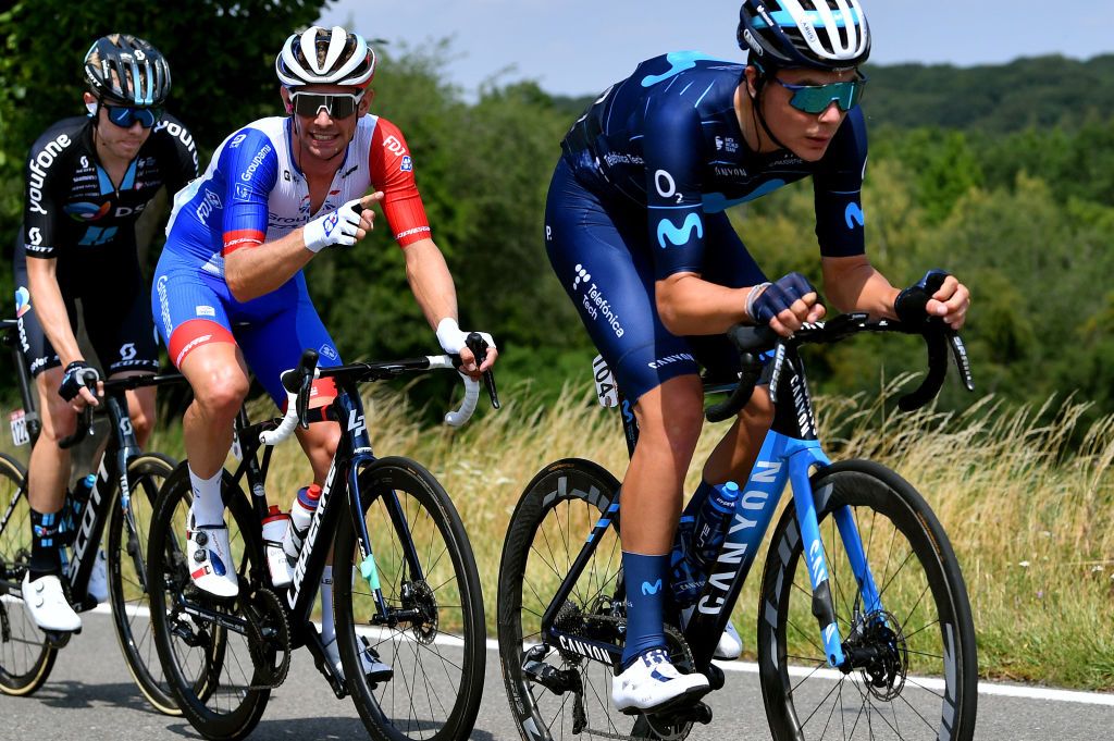 HUY BELGIUM JULY 23 LR Fabian Lienhard of Switzerland and Team Groupama FDJ and Casper Phillip Pedersen of Denmark and Team DSM compete in the breakaway during the 43rd Ethias Tour de Wallonie 2022 Stage 1 a 1744km stage from Temploux to Huy 204m ethiastourdewallonie22 on July 23 2022 in Huy Belgium Photo by Luc ClaessenGetty Images
