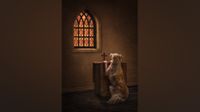 Dog praying at church altar. 