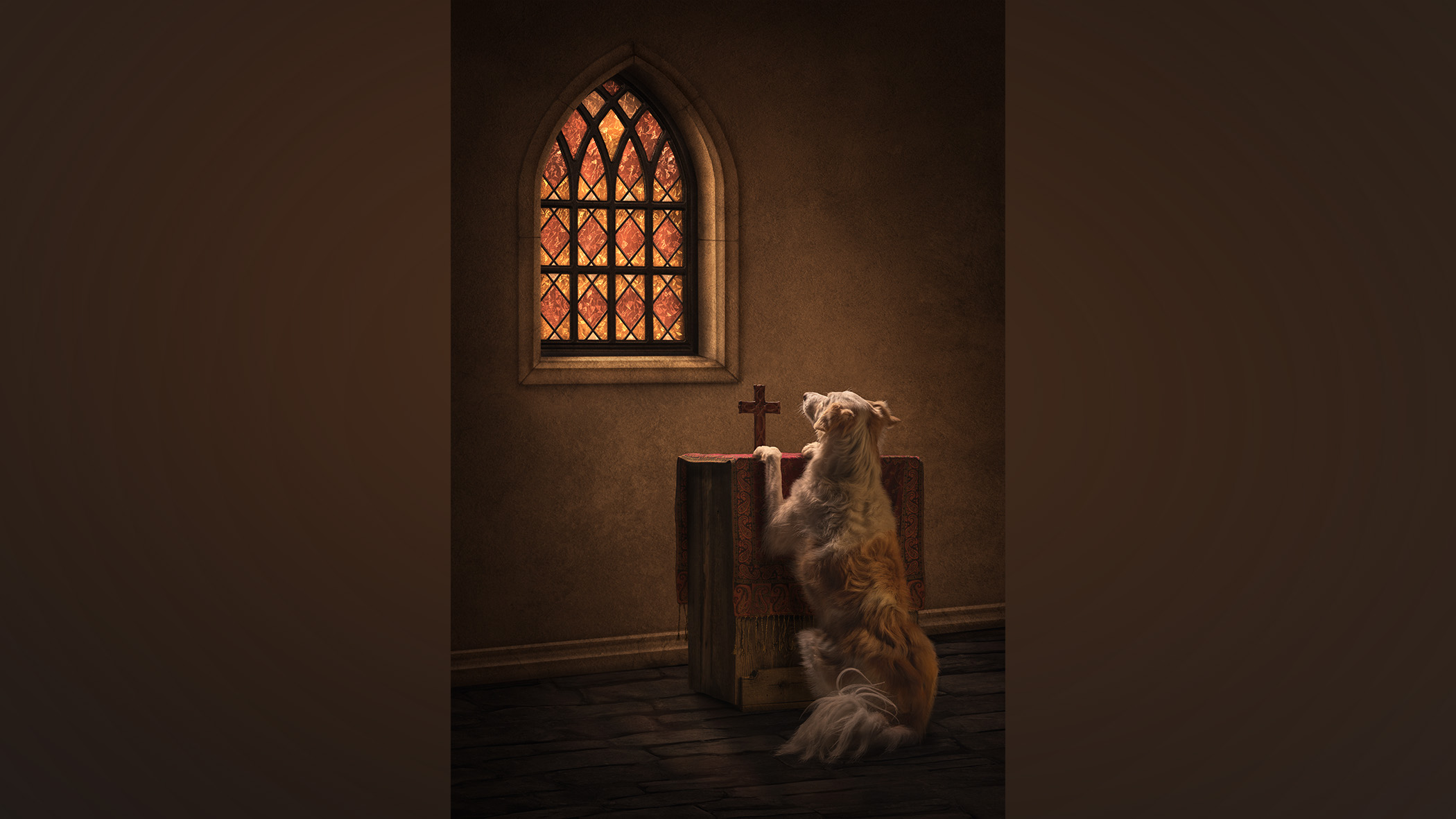 Dog praying at church altar.