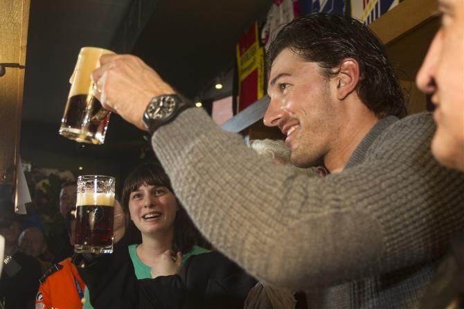 Cheers! Fabian Cancellara toasts his second Ronde victory.