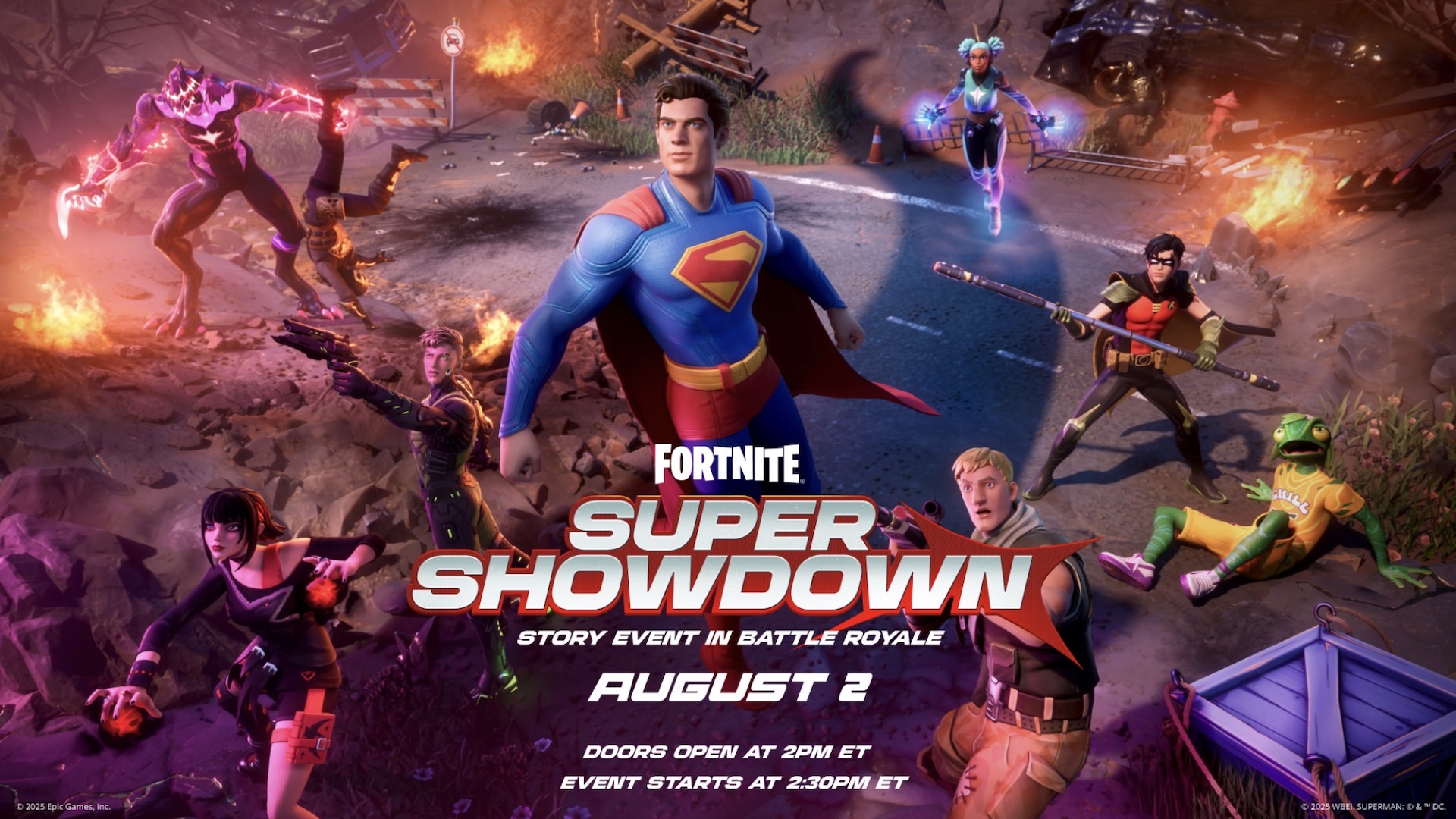Super Showdown event infographic listing the start date and time over an image of Superman and other Fortnite characters