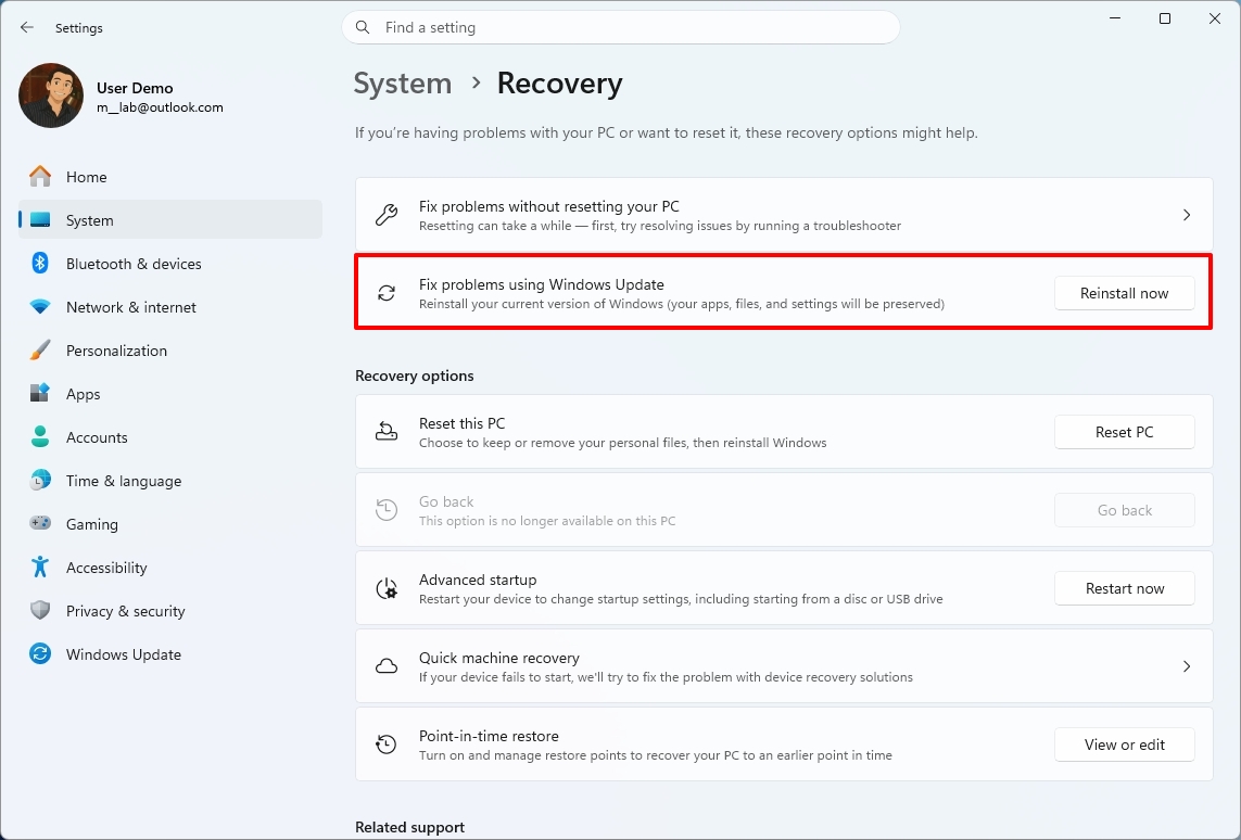 Windows 11 Settings on the Recovery page, highlighting the Fix problems using Windows Update option.