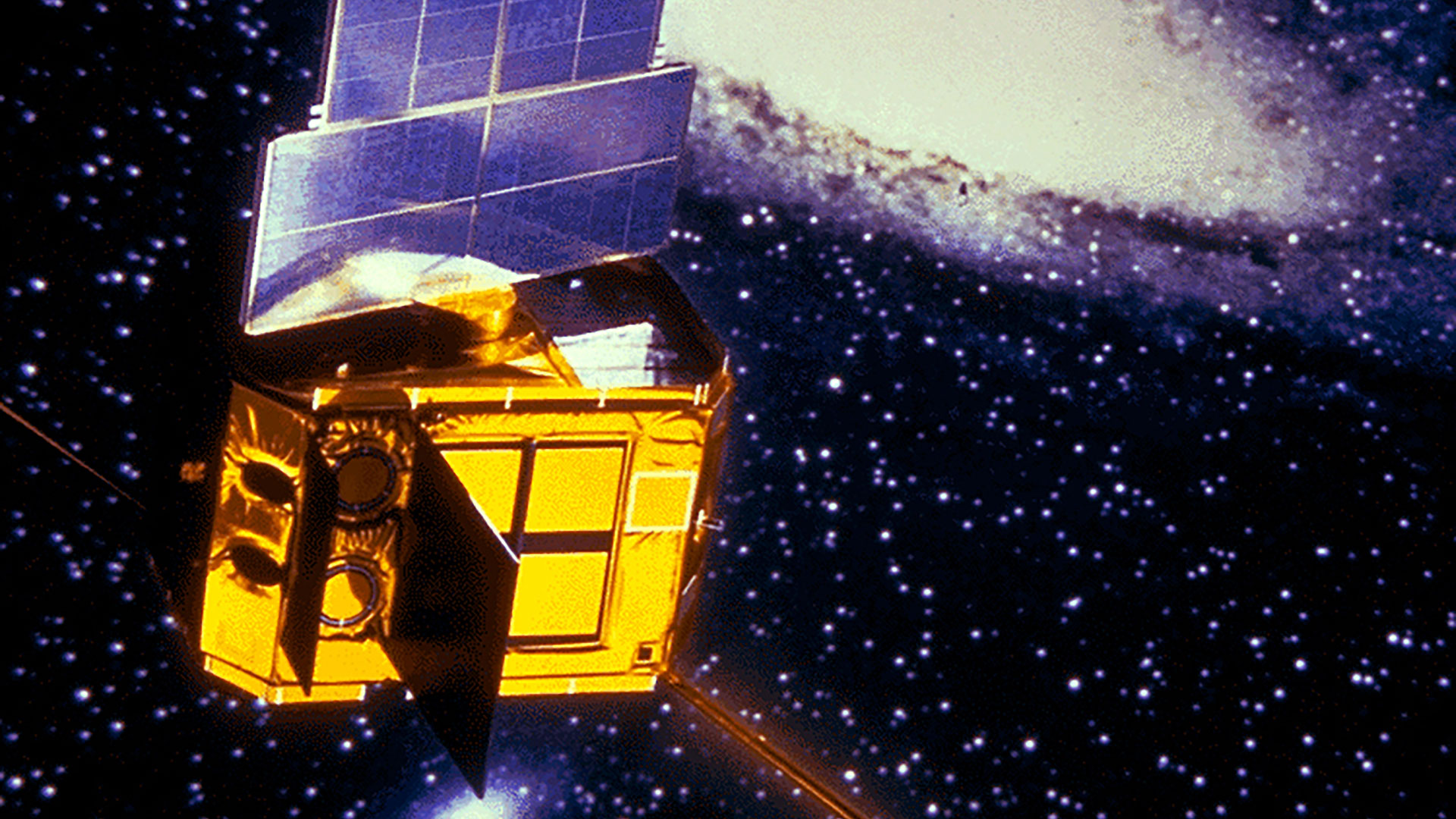 artist&#039;s impression of a space-based observatory set against the backdrop of a galaxy and stars