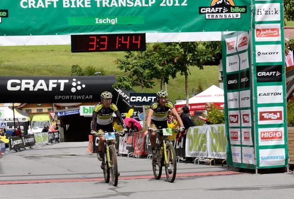 Stage winner Robert Mennen, left and Alban Lakata of Topeak Ergon Racing Team