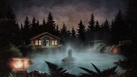 A person steams in a hot spring, there's a cabin on the far shore