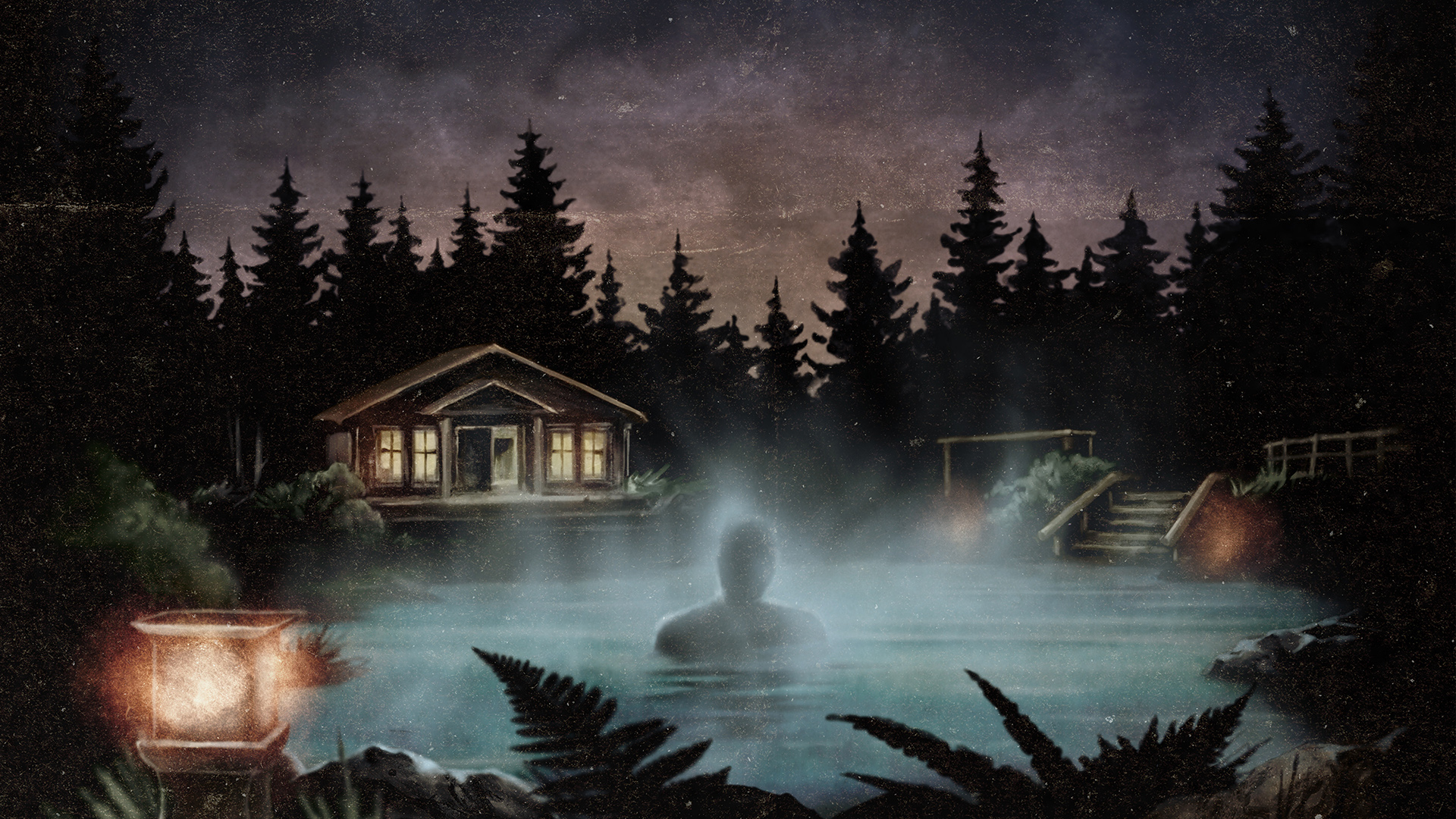 A person steams in a hot spring, there&#039;s a cabin on the far shore