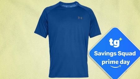 Under Armour t-shirt in blue against yellow background
