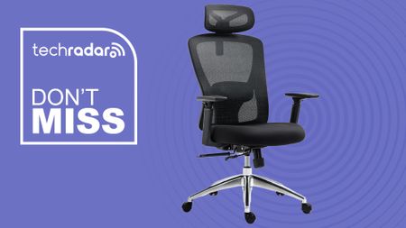 The EP200 office chair on a purple background beside a TechRadar-branded badge that reads 'Don't Miss'