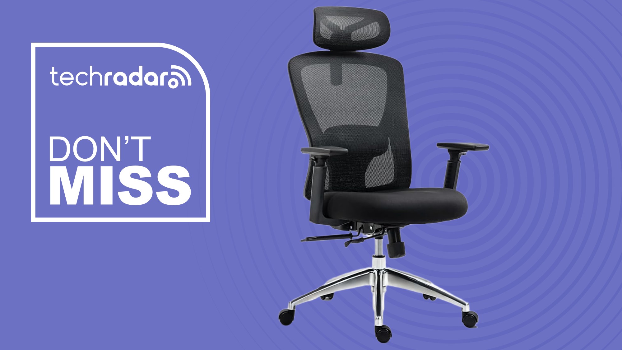 The EP200 office chair on a purple background beside a TechRadar-branded badge that reads 'Don't Miss'