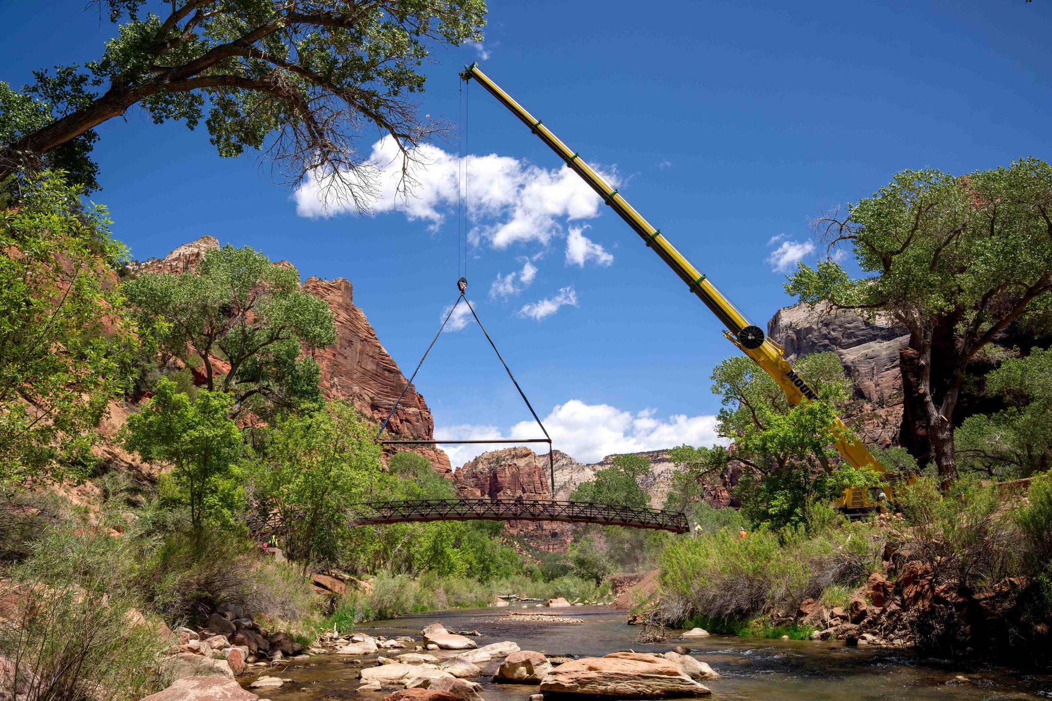 Crane moving the Emerald Pools Bridge in Zion National Park