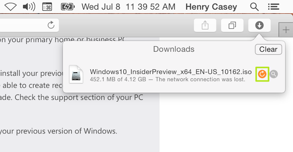 resume interrupted download in safari