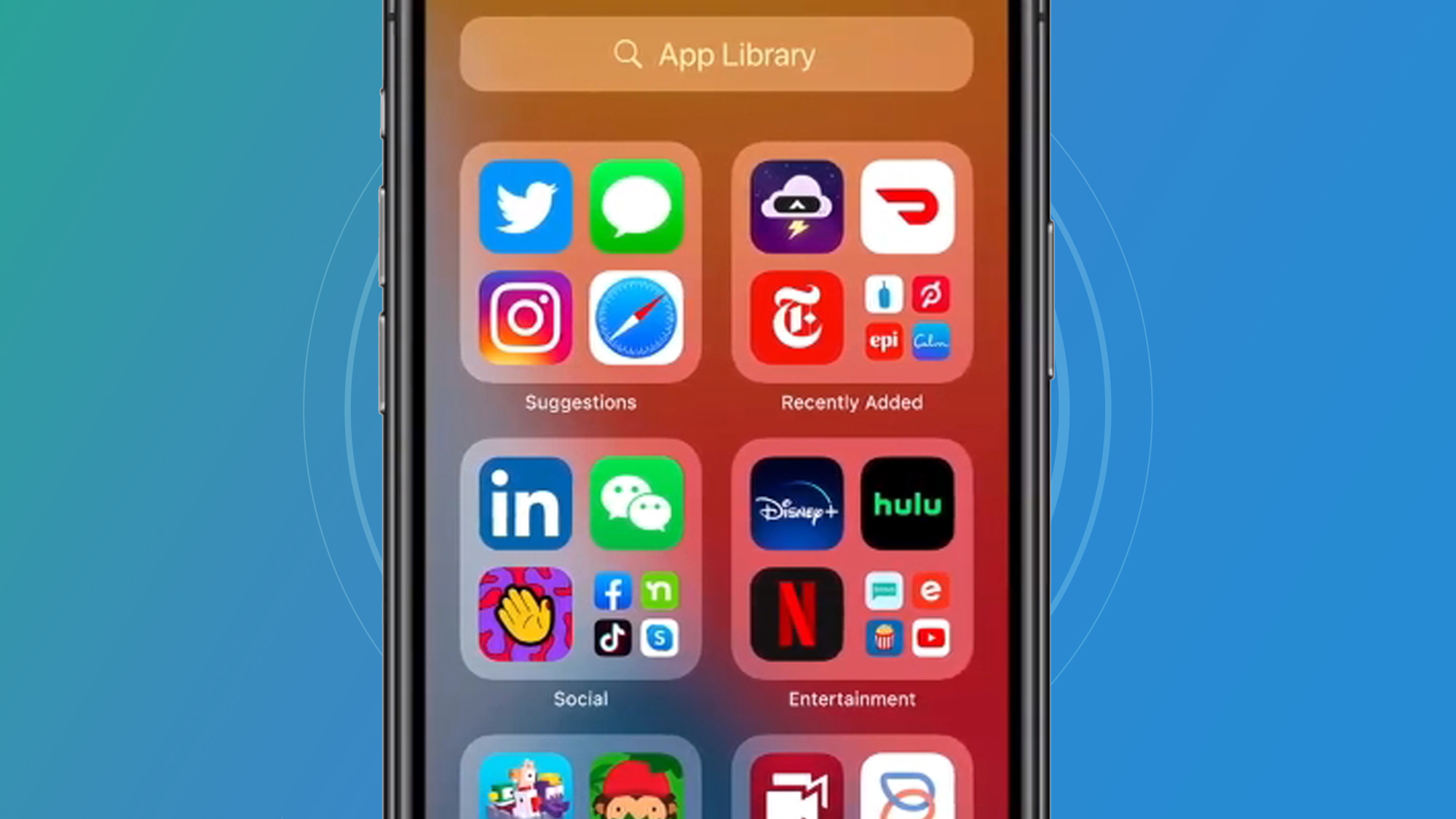 An iPhone on a blue background showing the App Library