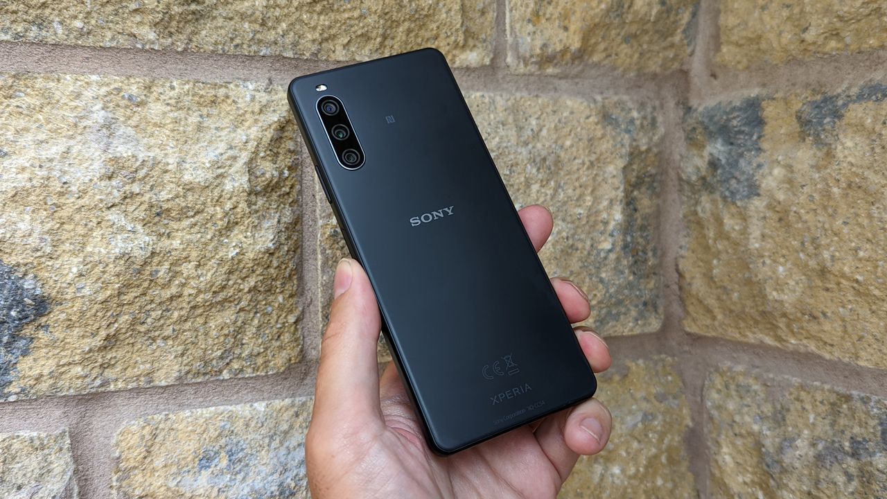 The Sony Xperia 10 IV (back), held in a hand