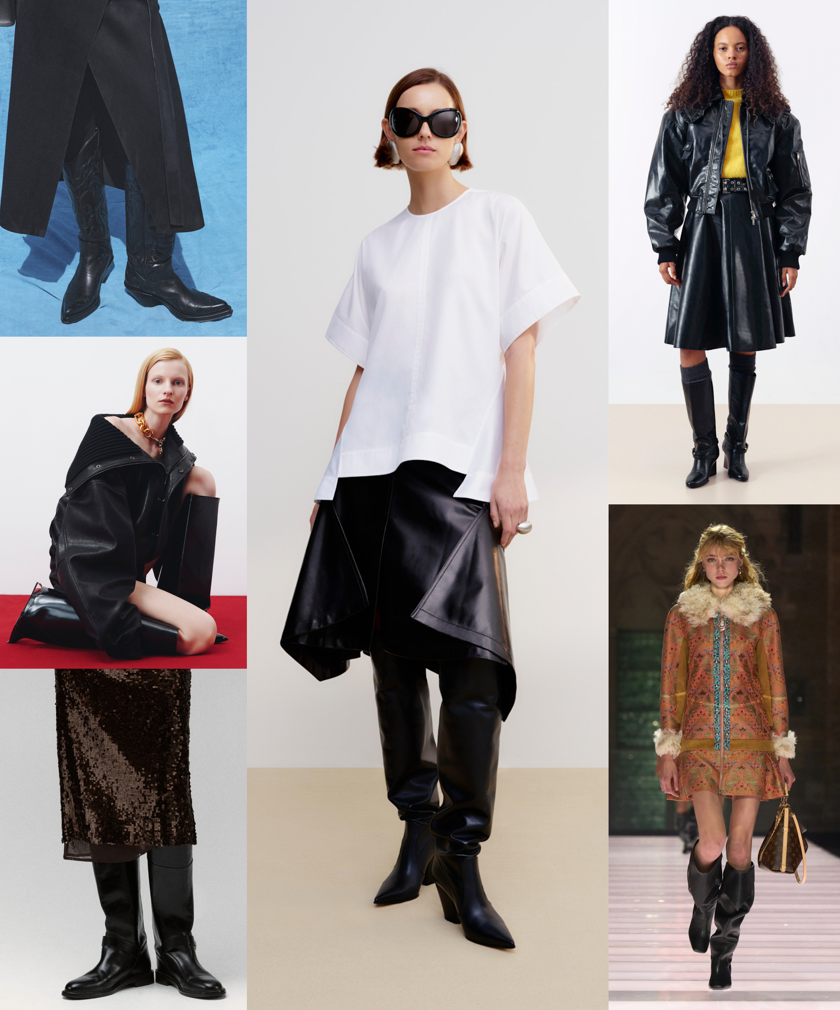 winter 2026 shoe trend of black knee high boots at Gabriela Hearst, Balmain, Rag &amp;amp; Bone, Brandon Maxwell, Ganni, and Louis Vuitton Resort 2026