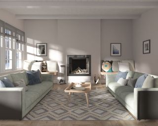 Dusk in the Valley from valspar, a light grey with cool undertones, in a modern living room