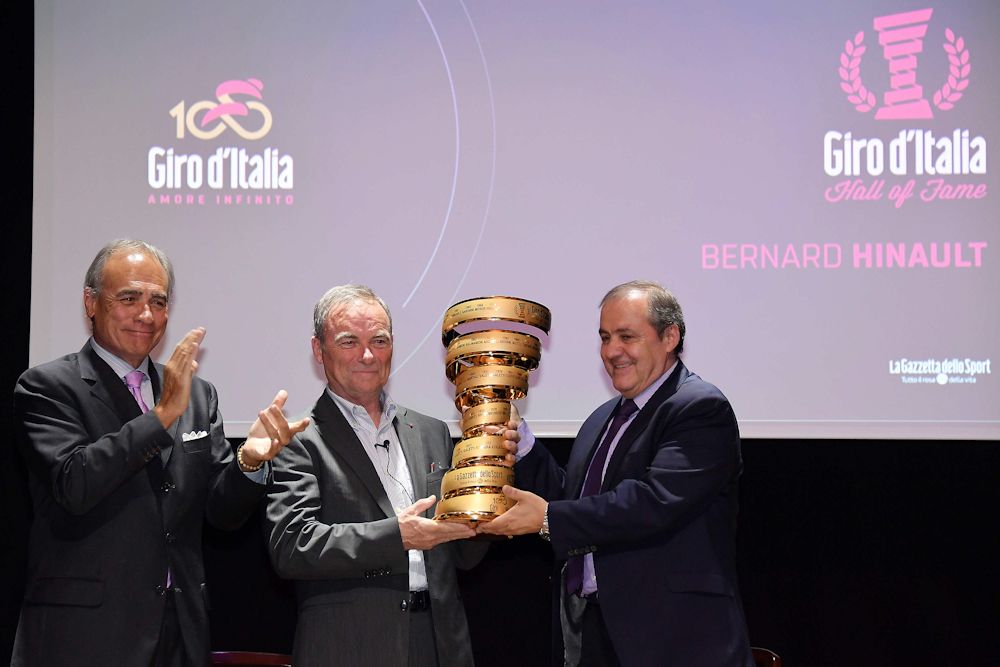 Bernard Hinault with Andrea Monti, La Gazzetta dello Sport Director and Mauro Vegni, Giro d'Italia Director