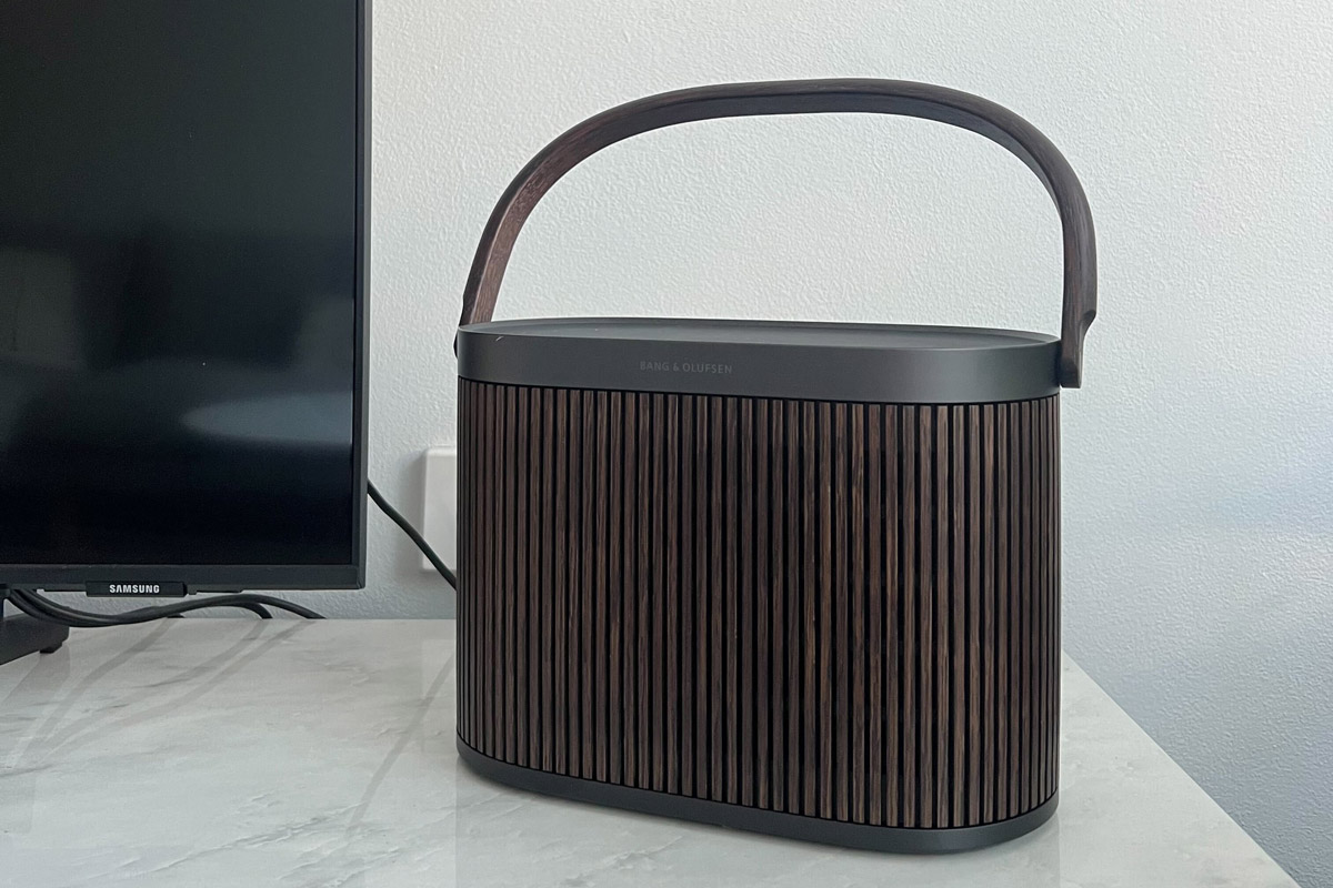 Bang & Olufsen Beosound A5 speaker on entertainment unit