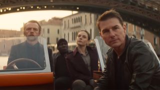 Tom Cruise, Simon Pegg, Rebecca Ferguson and Ving Rhames in Dead Reckoning scene. 